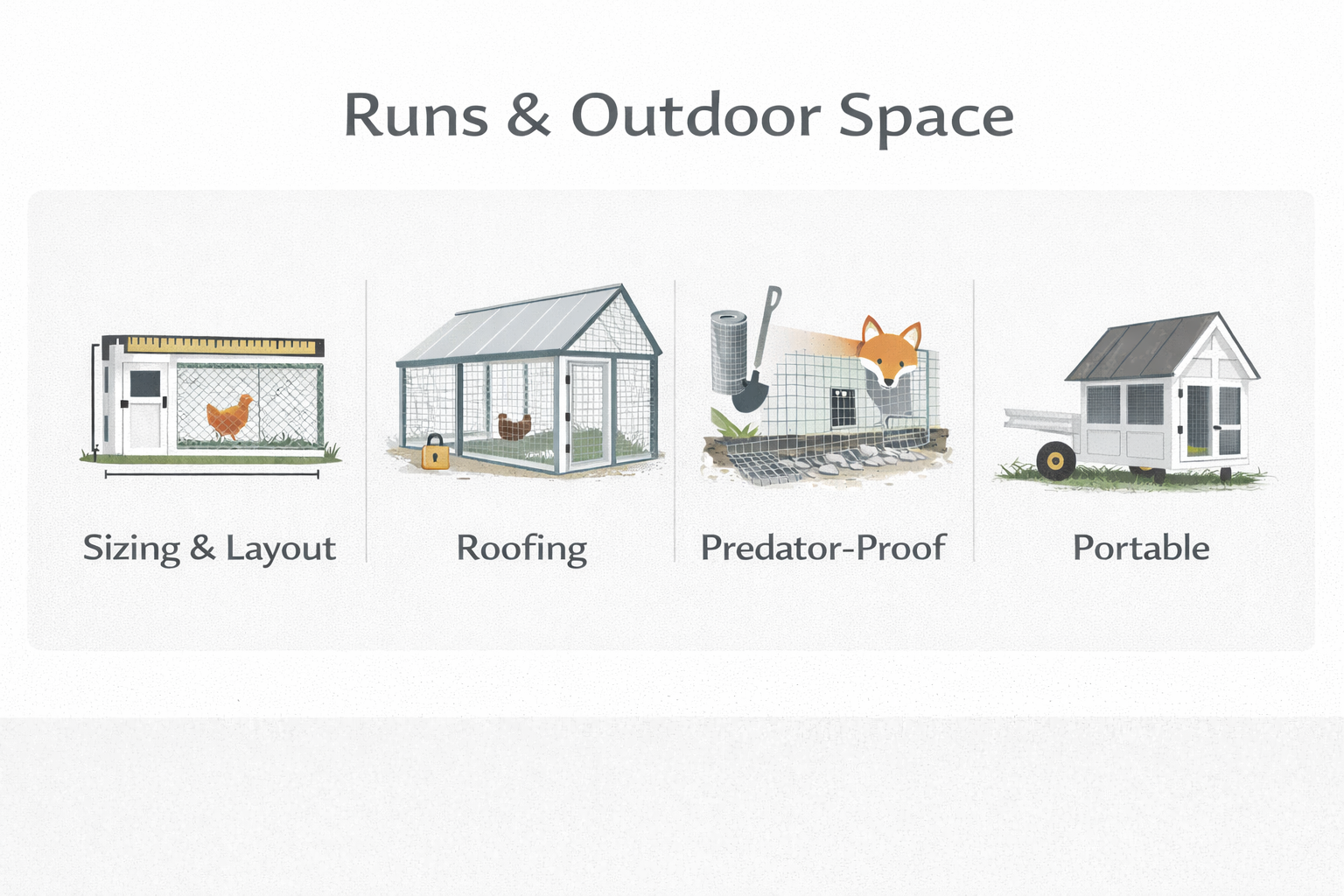 Infographic of chicken run essentials: sizing, roofing, predator-proofing, and portable runs.