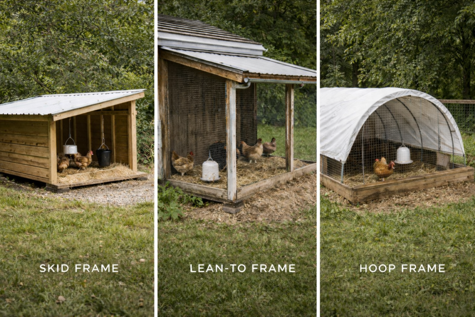 Three chicken shelter frame types: skid frame, lean-to frame, and hoop frame.