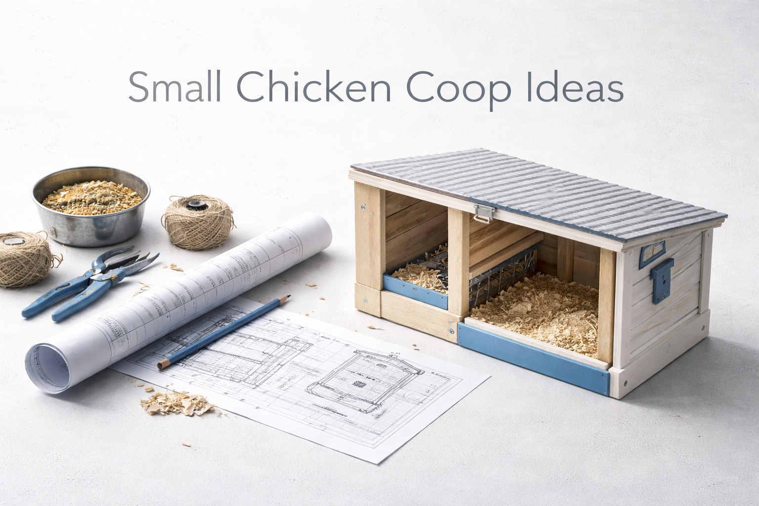Compact chicken coop layout concept with plans and tools on clean workbench.
