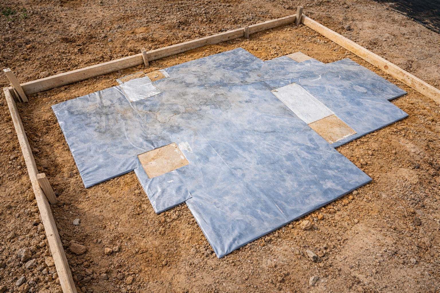 Concrete slab foundation with vapor barrier over compacted soil.
