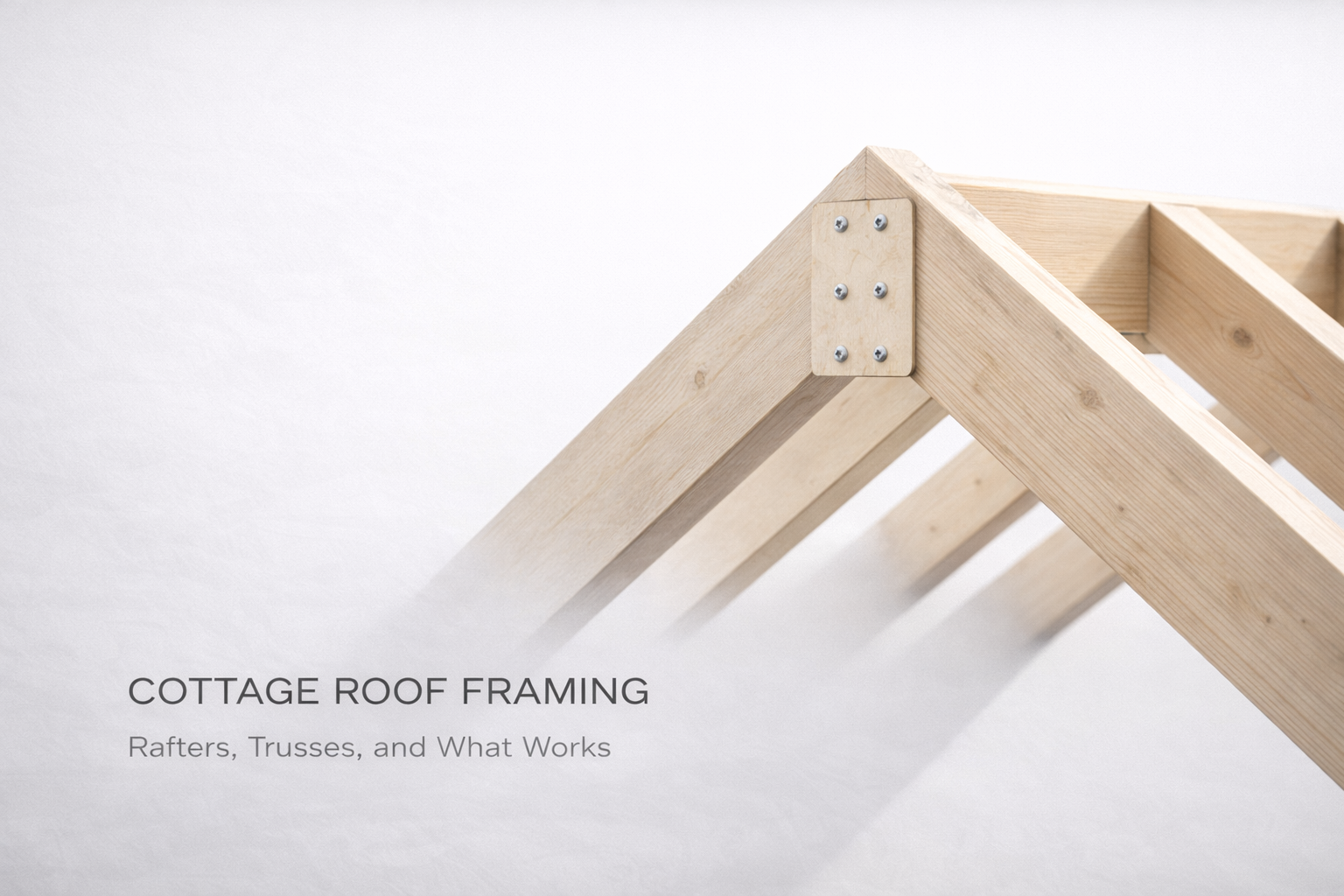 Cottage roof framing detail showing rafters at ridge with gusset plate connection.
