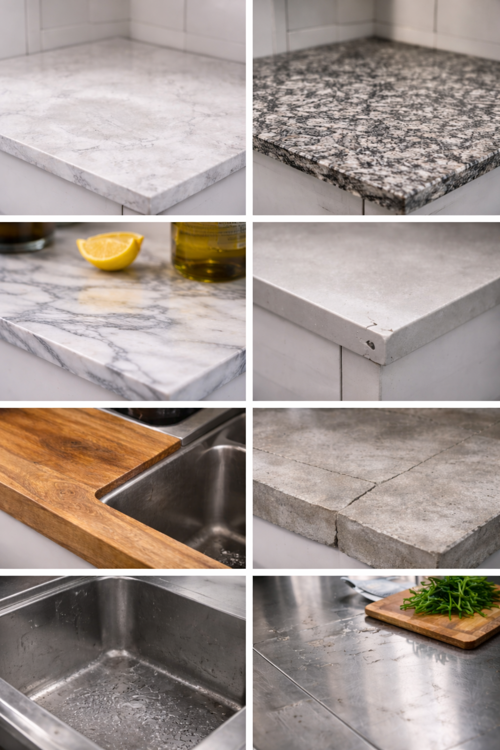 Different countertop materials show wear in different ways during normal daily use.