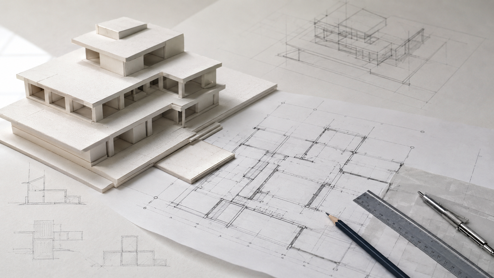 Foam-core architectural massing model on building plans with drafting tools, design fundamentals