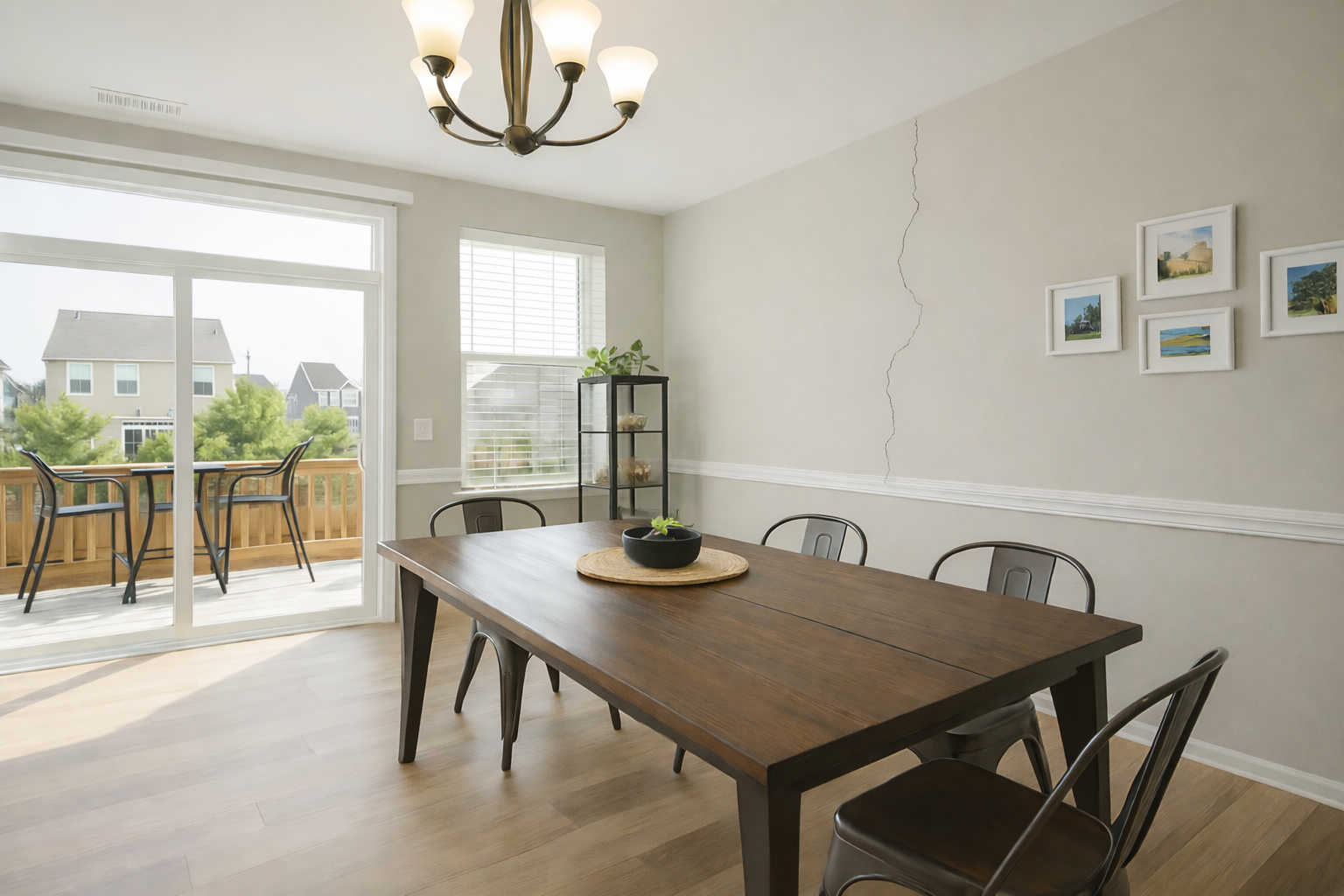 Bright dining room interior showing a minor drywall hairline crack, typical of light settlement.