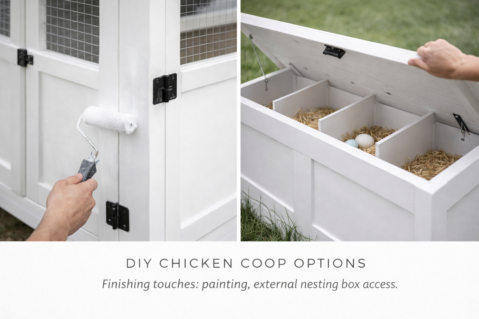 DIY chicken coop finishing with fresh paint and external nesting box access with eggs.