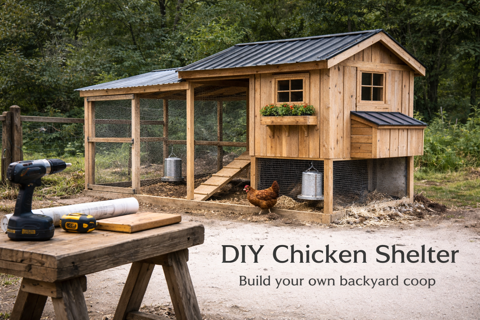 DIY chicken shelter with raised coop and covered run built from wood and wire mesh.