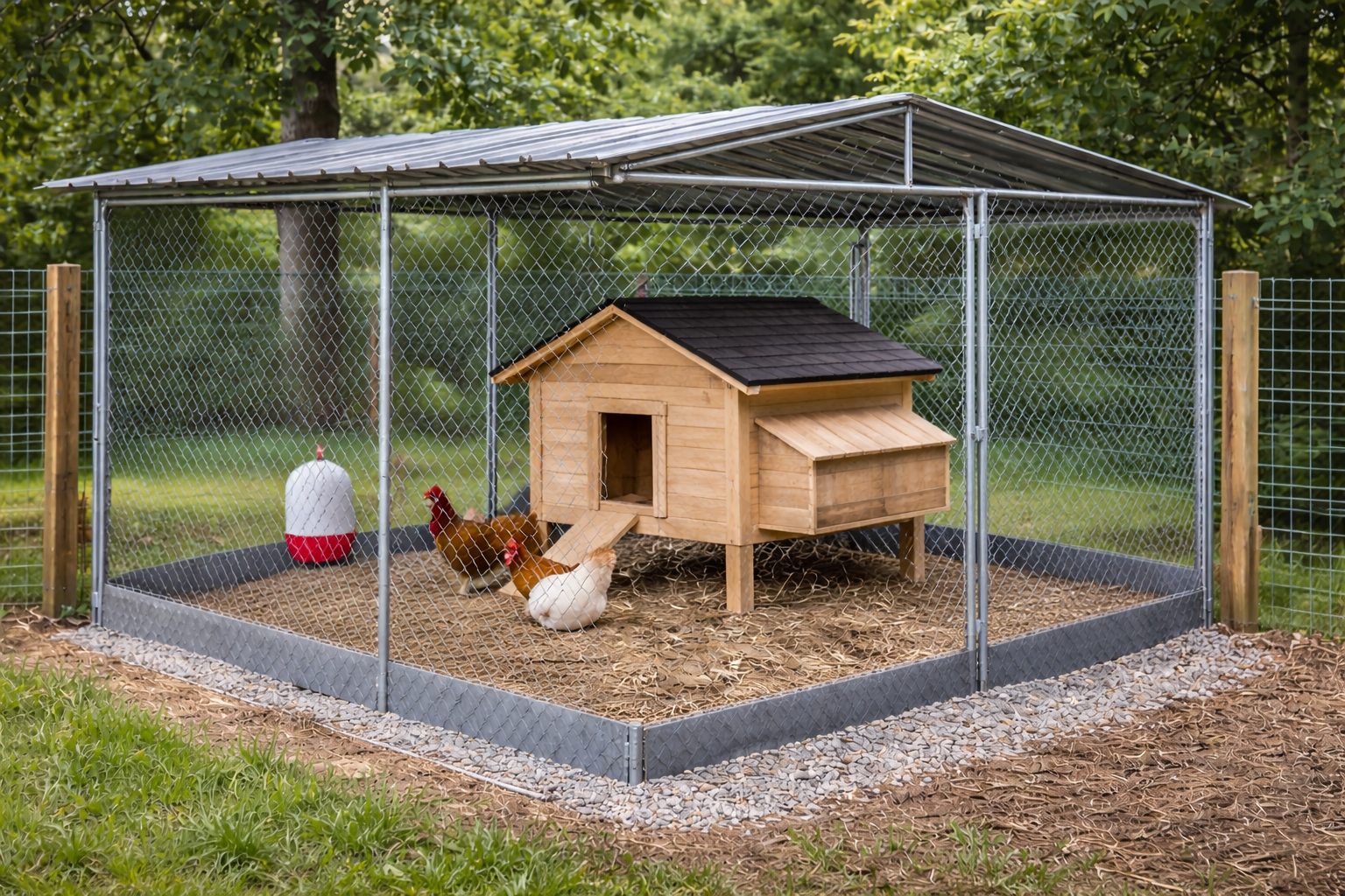 Dog kennel chicken run with centered coop box, roof cover, hardware cloth, and apron.