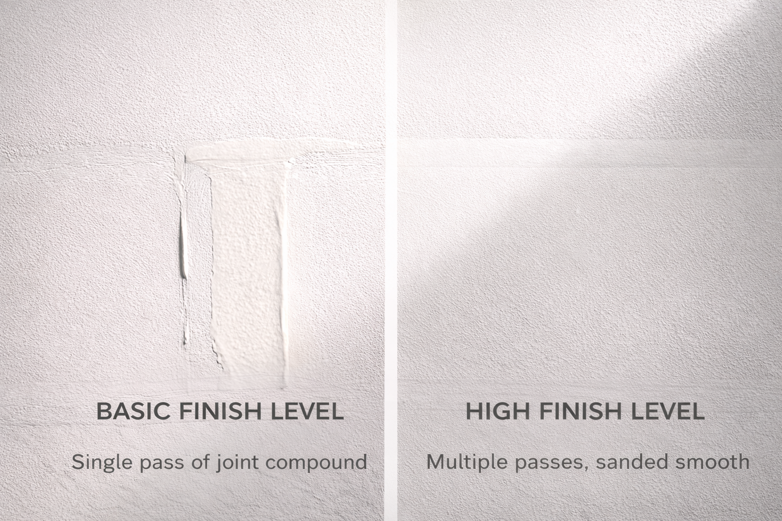 Drywall finish levels comparison: basic finish vs high finish, showing labor differences and smoothness.
