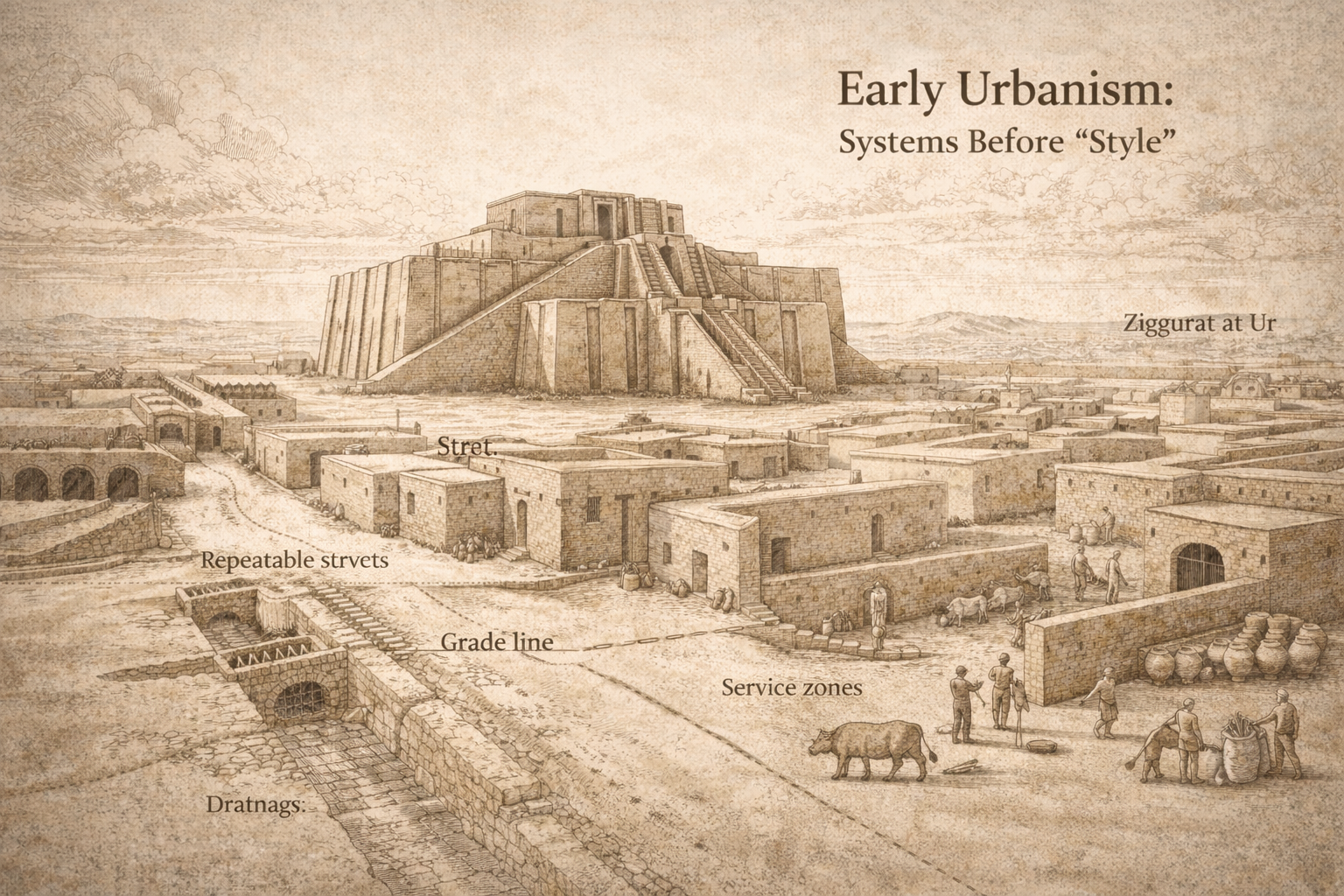 Sepia illustration of the Ziggurat at Ur with early urban systems like streets and drainage.
