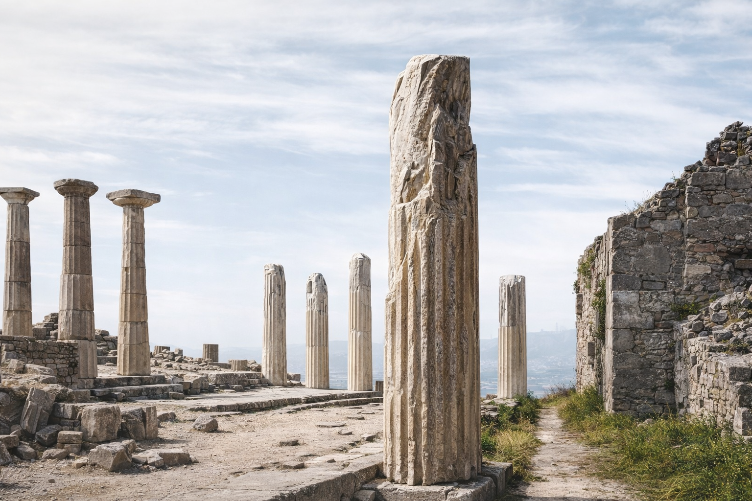 Ancient stone ruins set against rolling hills, representing early Western architecture.