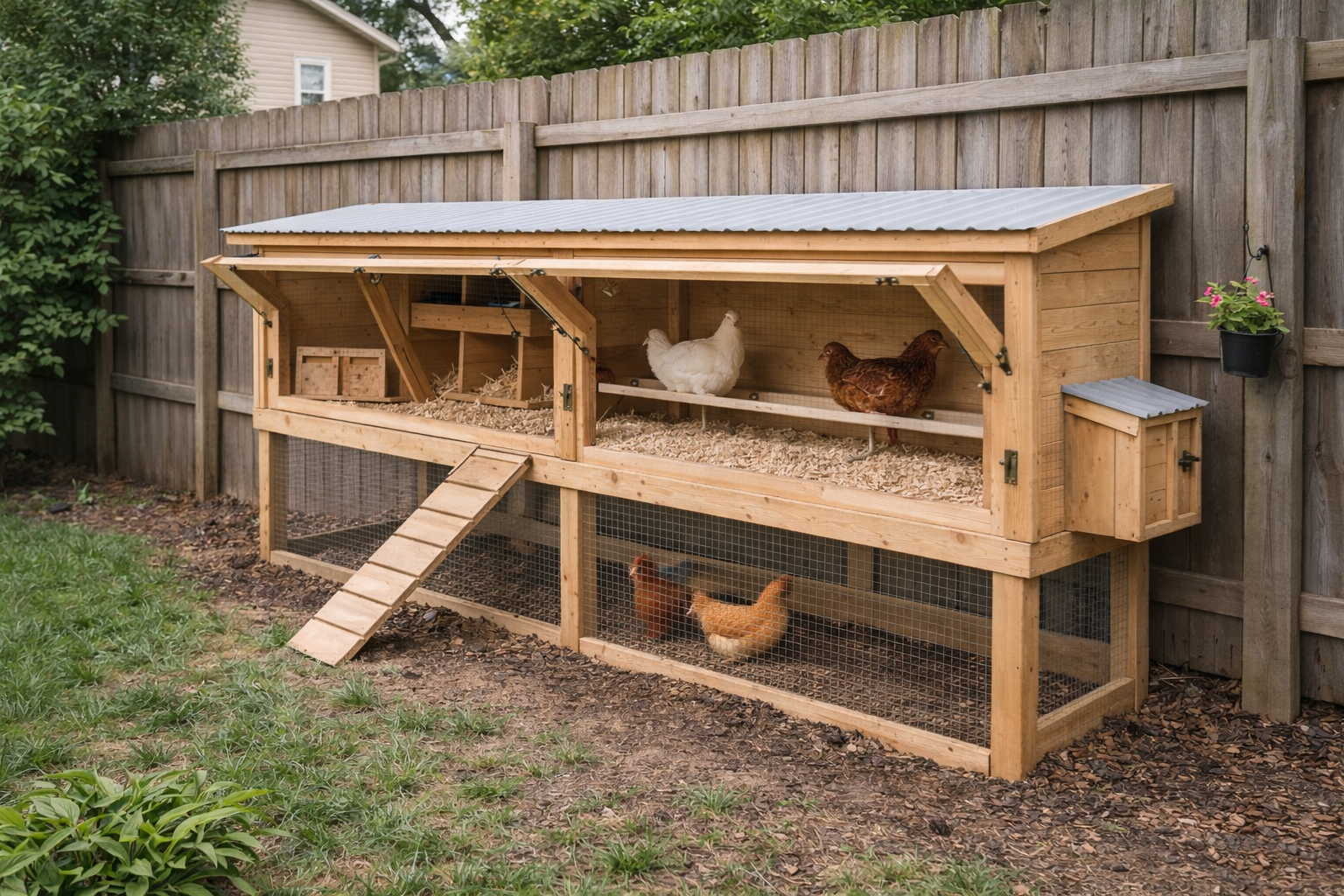 Fence-line slim chicken coop with full access wall opened wide for easy cleaning and maintenance.