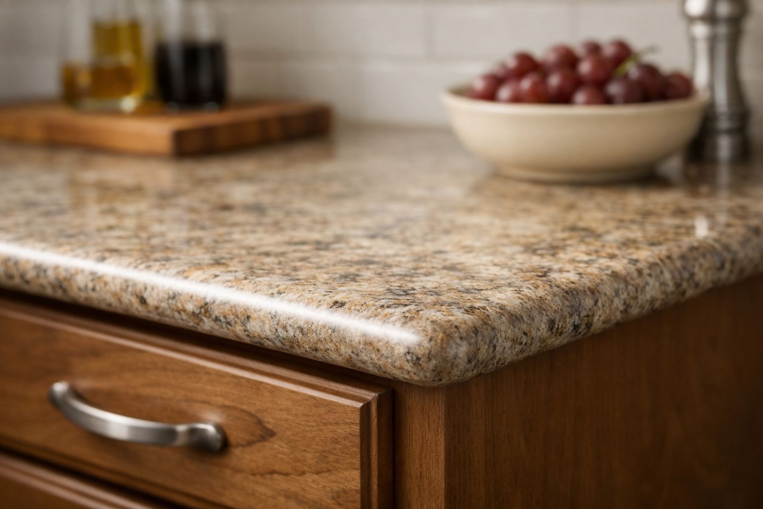 Close-up of a full bullnose granite countertop edge above a wood cabinet.