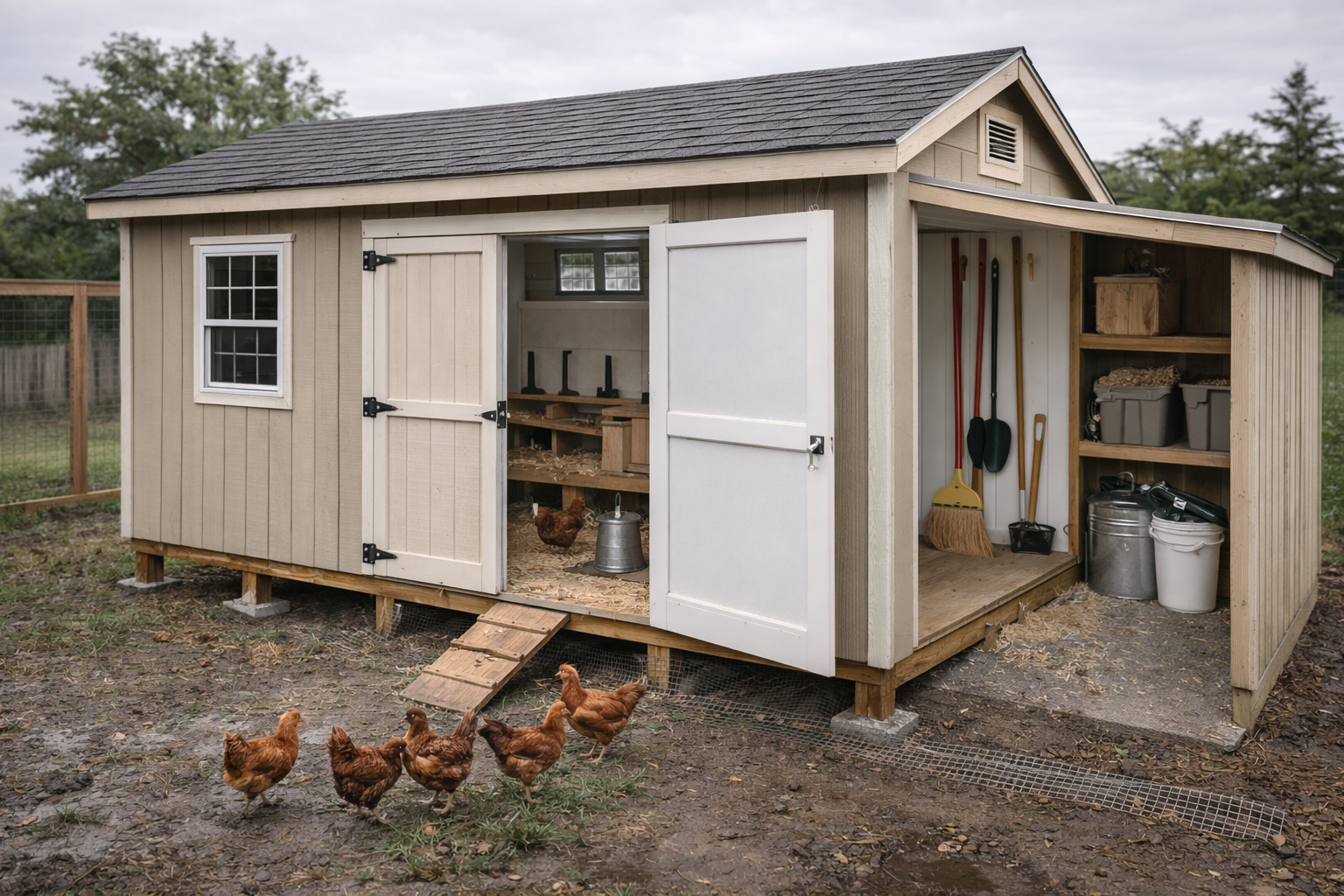 converted garden shed chicken coop with high vents, rodent proof feed storage area and cleanable interior walls