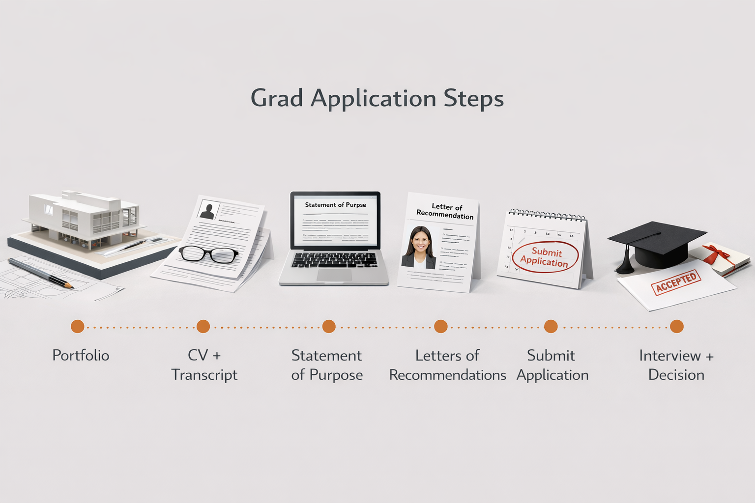 A roadmap showing key steps for architecture grad applications: portfolio to interview and decision.