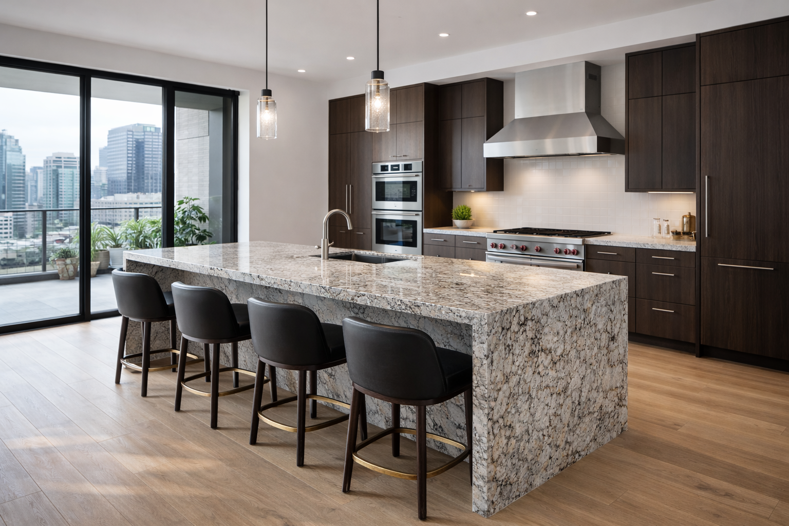 Granite waterfall island in a contemporary apartment kitchen with dark cabinets and daylight.