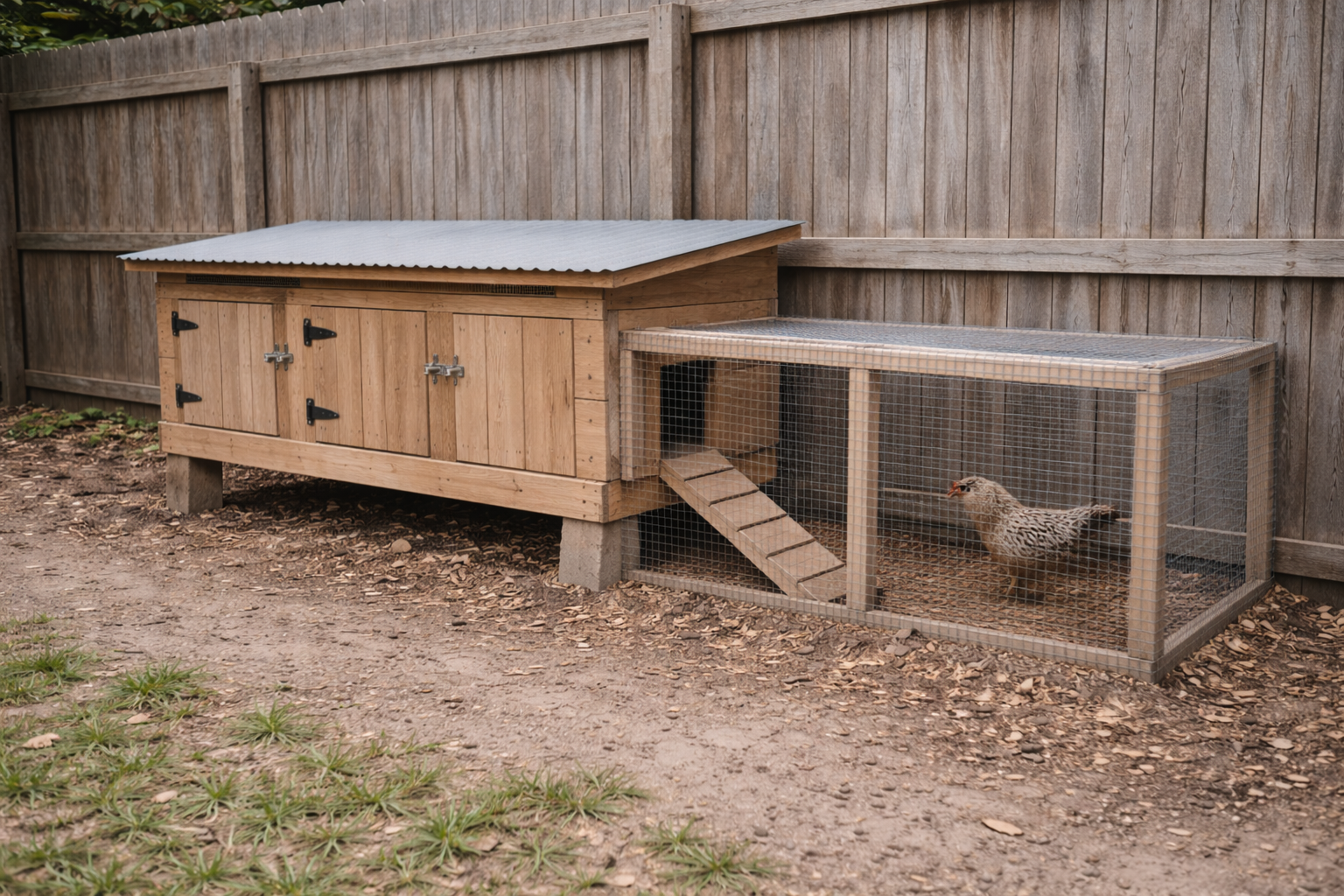 Ground-level chicken coop on blocks with a narrow attached run beside a backyard fence.
