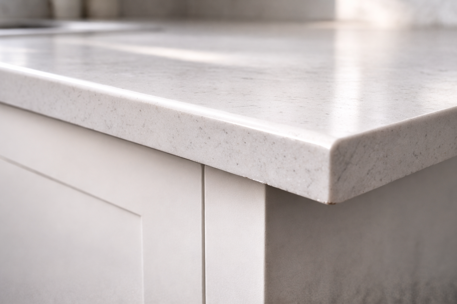 Half bullnose countertop edge detail with rounded top radius and flat underside.
