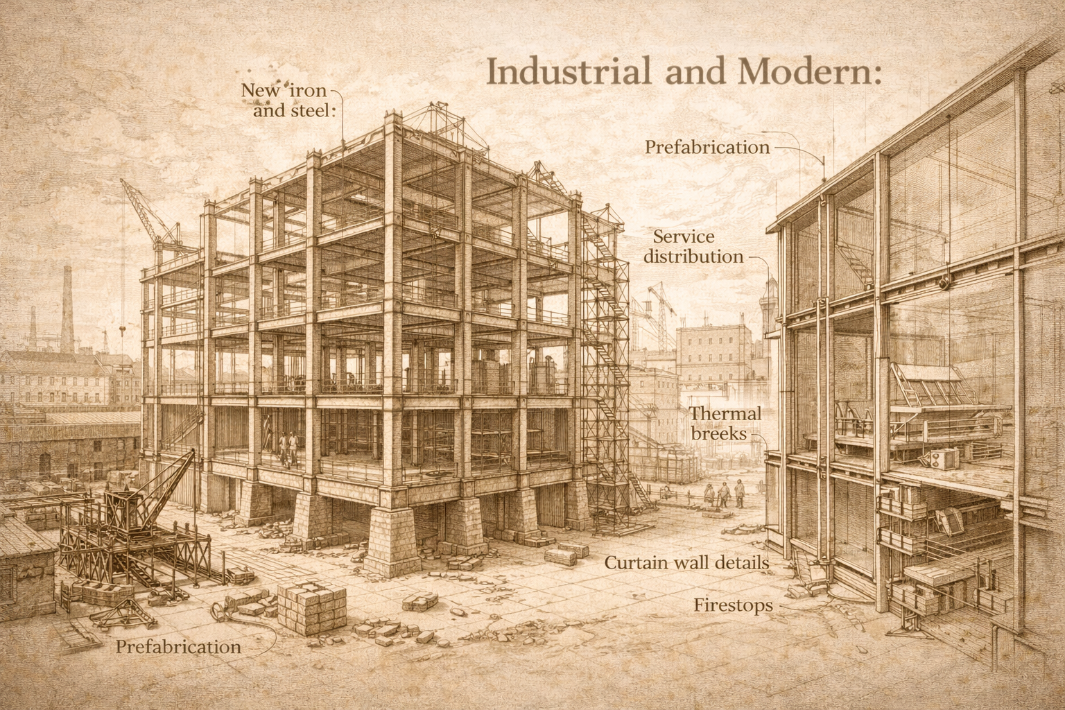 Sepia diagram showing industrial steel-frame construction and modern building systems side by side.