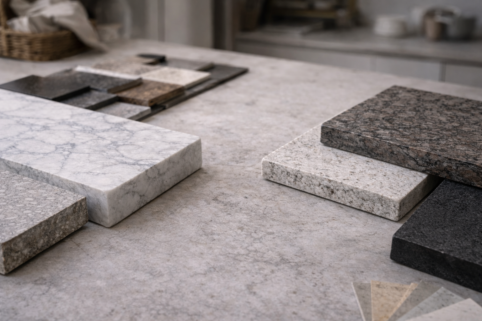 Selection of stone kitchen benchtop material samples on a neutral surface.