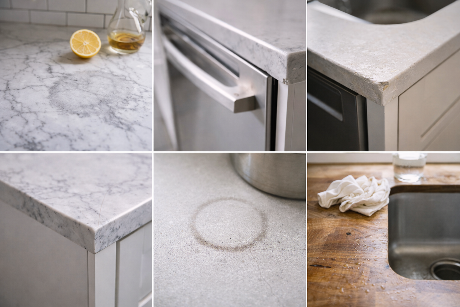 Real kitchen countertop issues: etching on marble, chipped edge near dishwasher, visible seam, heat ring mark, and worn wood around sink.