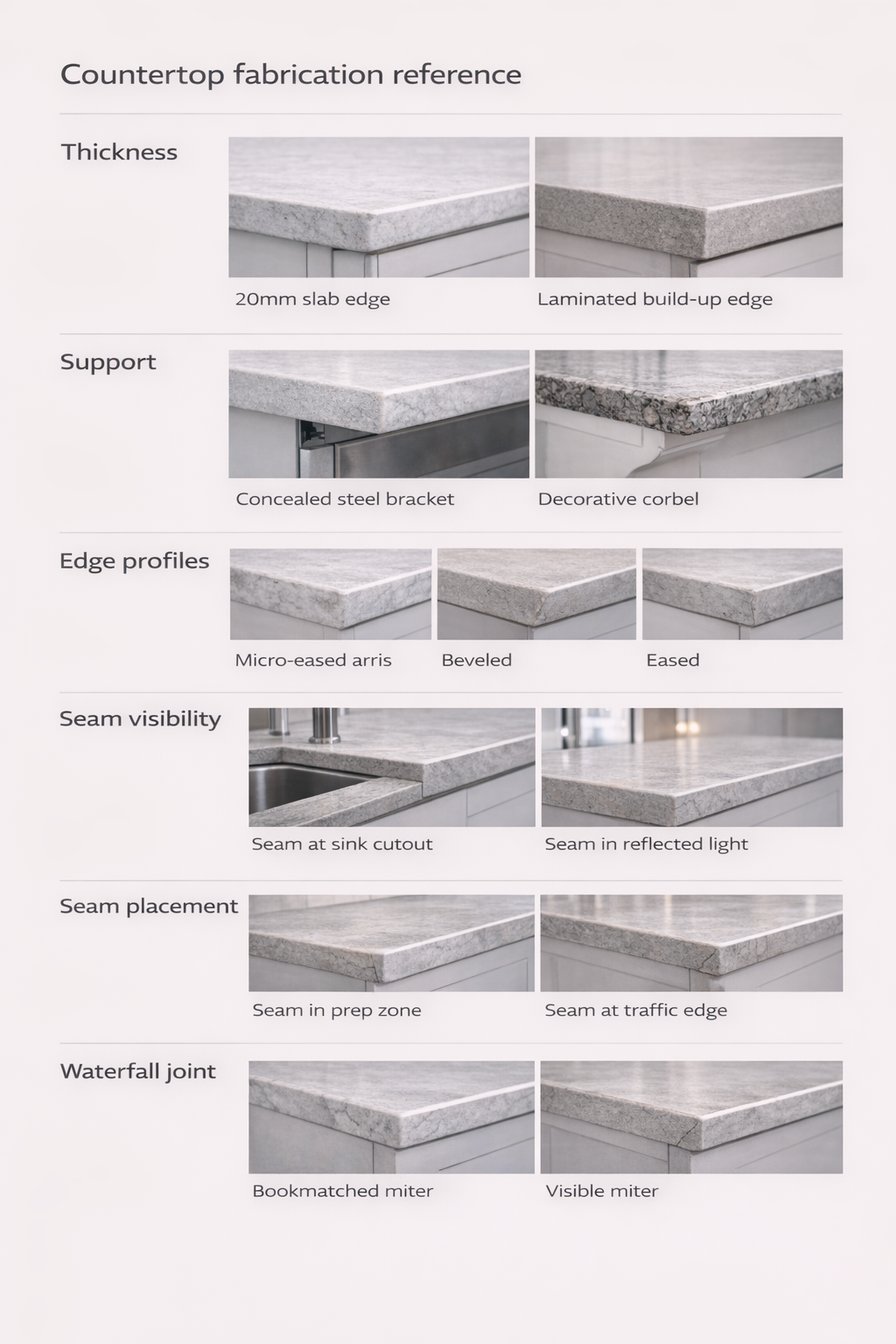 Countertop fabrication reference sheet showing thickness, supports, edge profiles, seams, and waterfall joints.