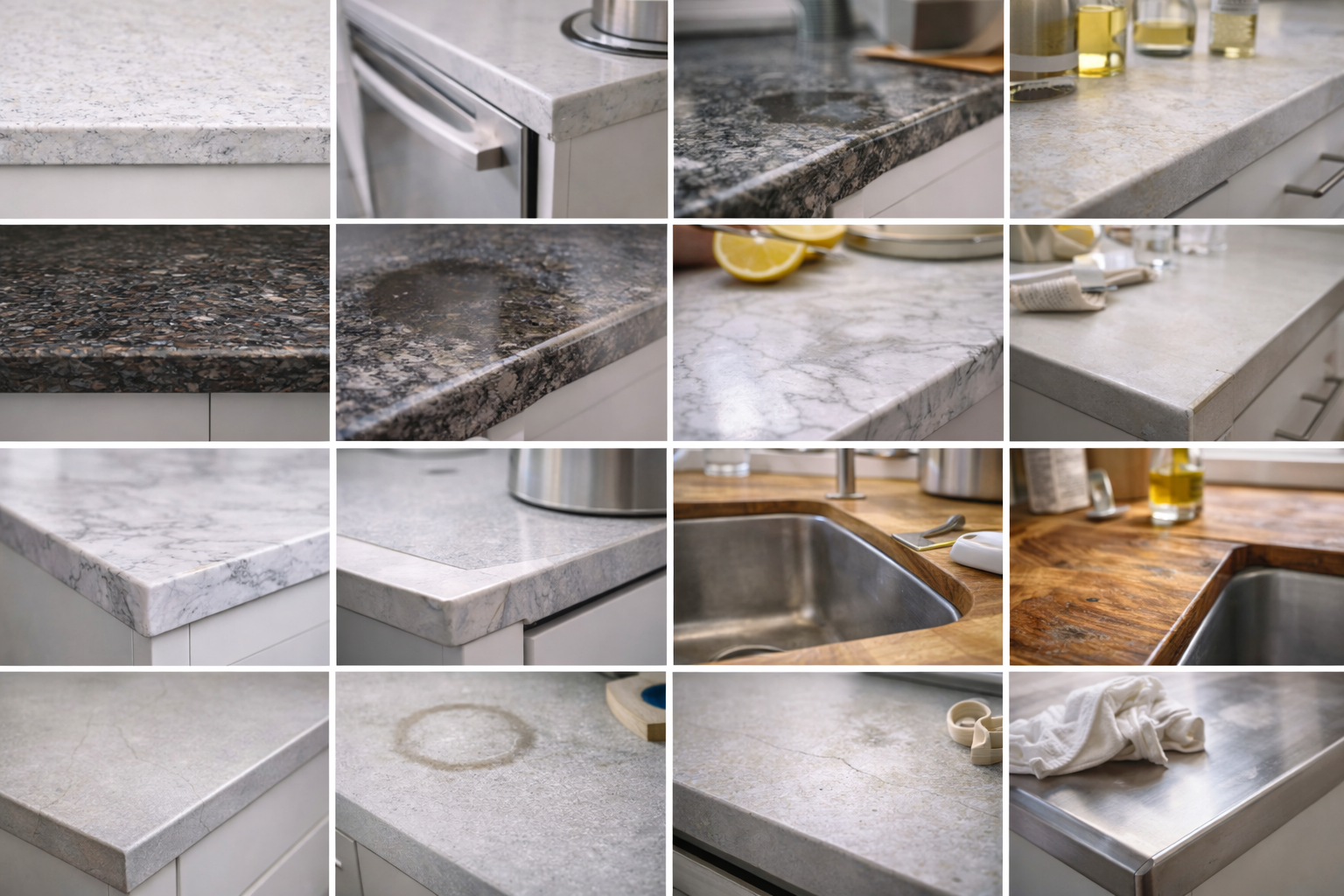 Kitchen countertop materials showing normal wear: stains, scratches, heat marks, and edge chips.
