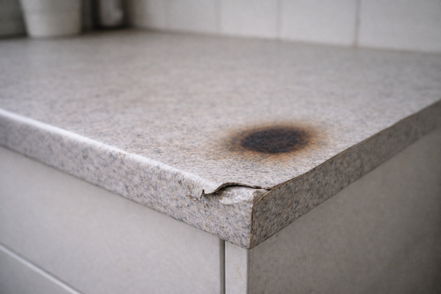 Damaged laminate kitchen countertop showing heat burn mark and swollen edge from moisture exposure.