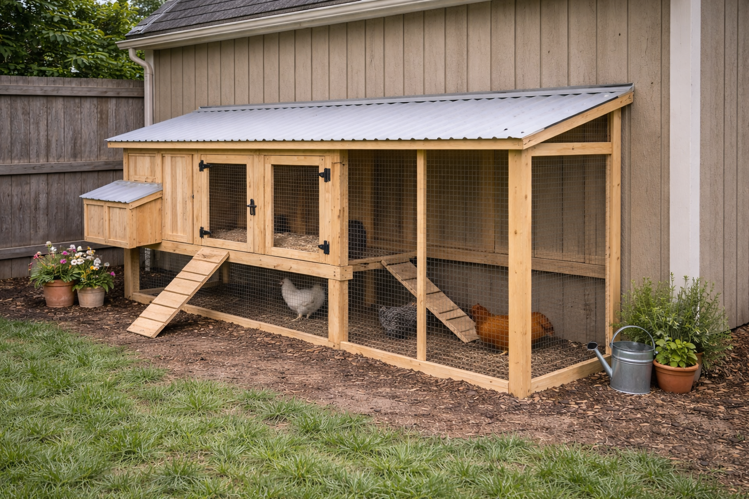 Backyard lean-to coop attached to an existing shed, saving framing with a long covered run strip.