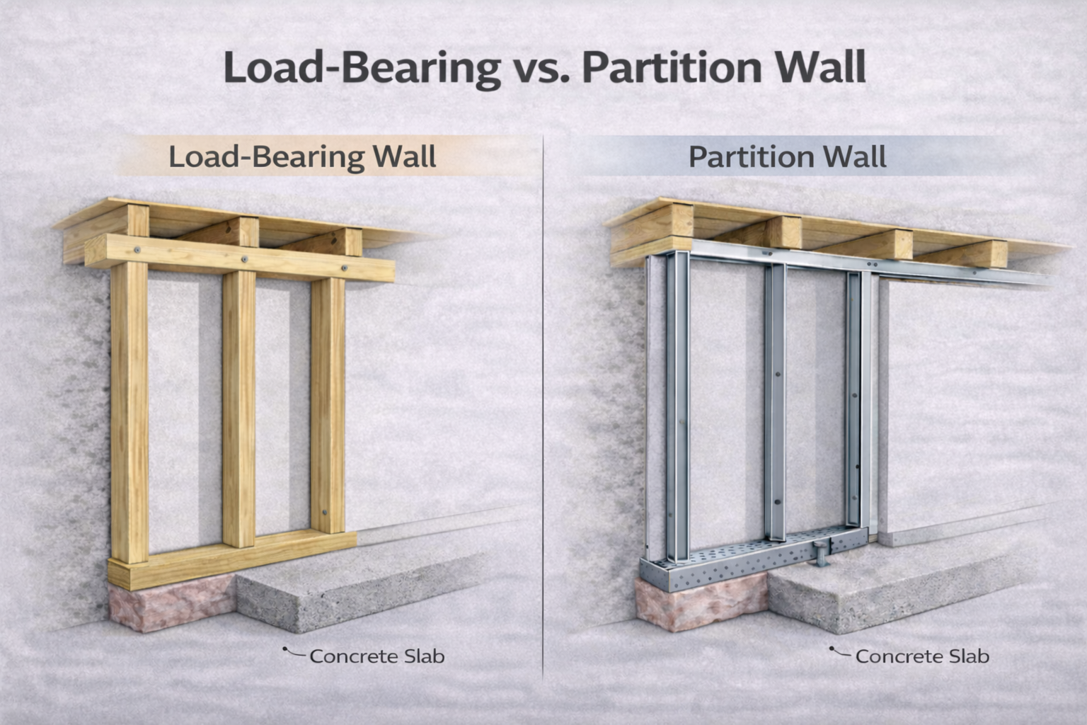 Comparison diagram of a load-bearing wood stud wall and a non-load-bearing steel partition wall on a concrete slab.