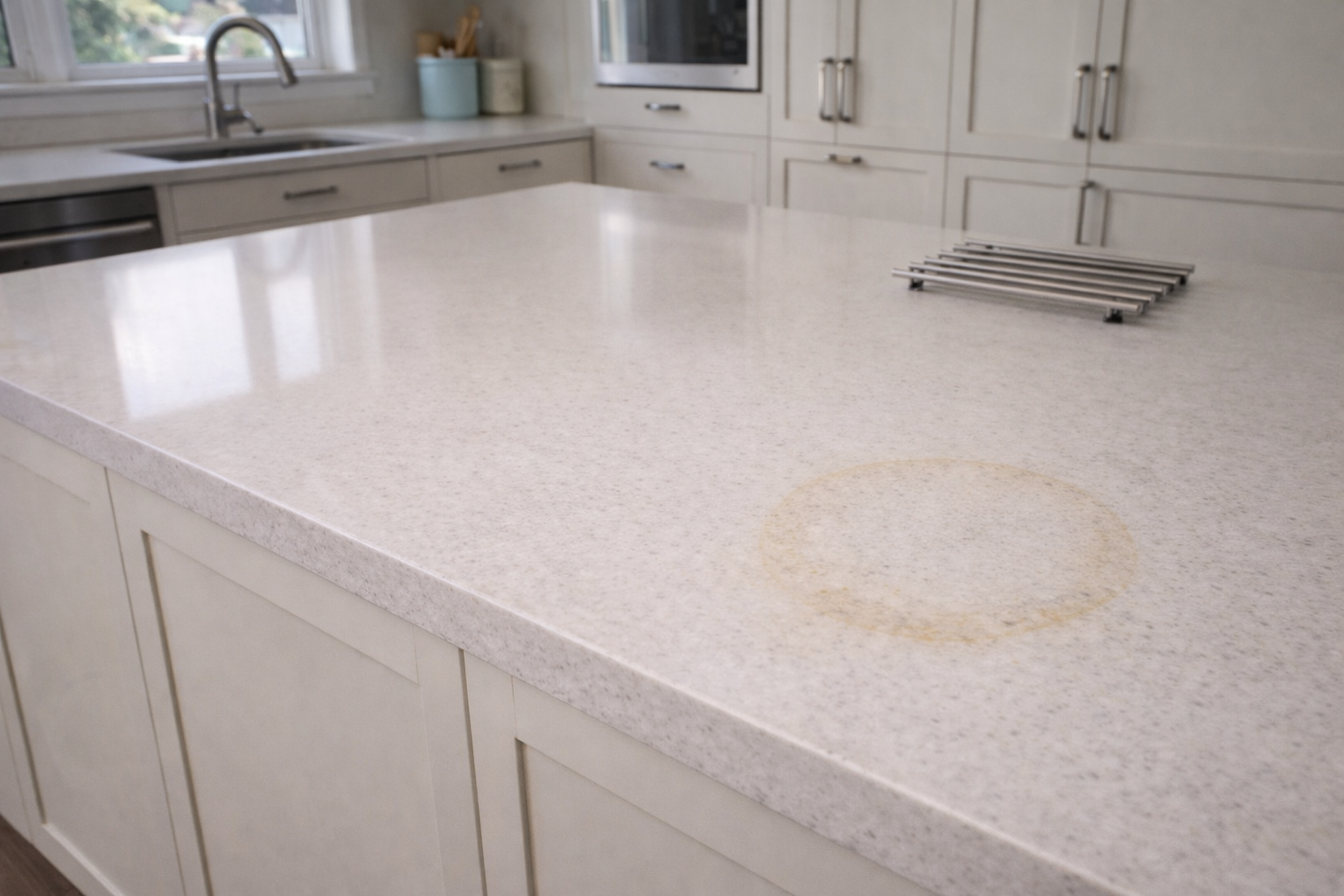 Modern off-white quartz kitchen island showing circular heat damage mark.