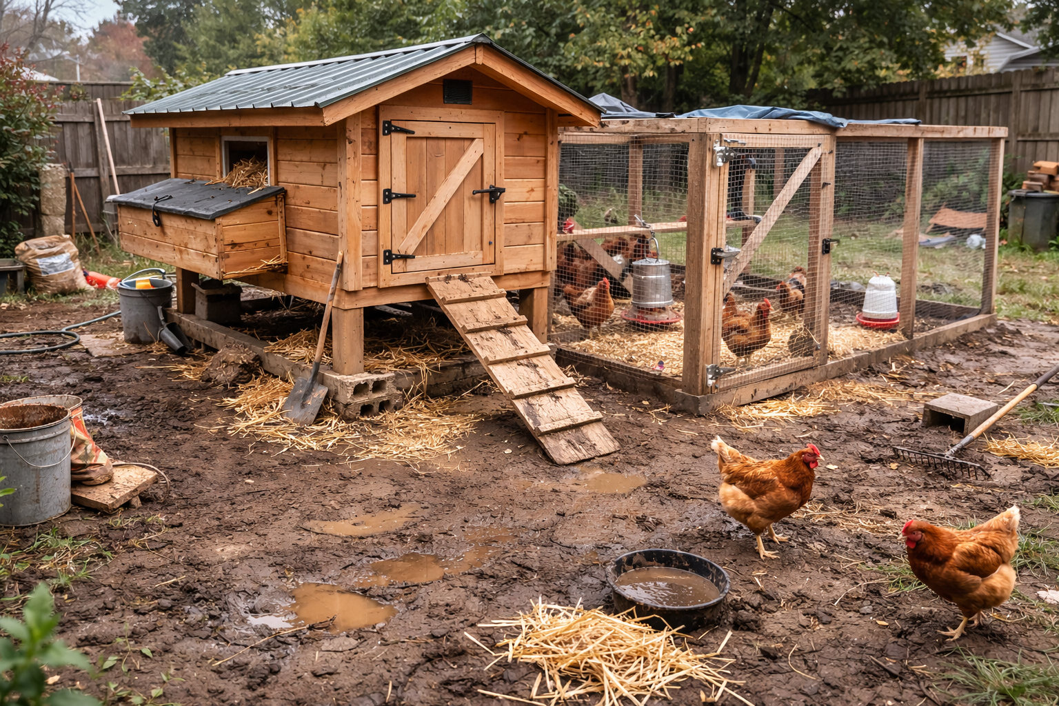 Backyard chicken coop and run on muddy ground with hardware cloth and hens outside.