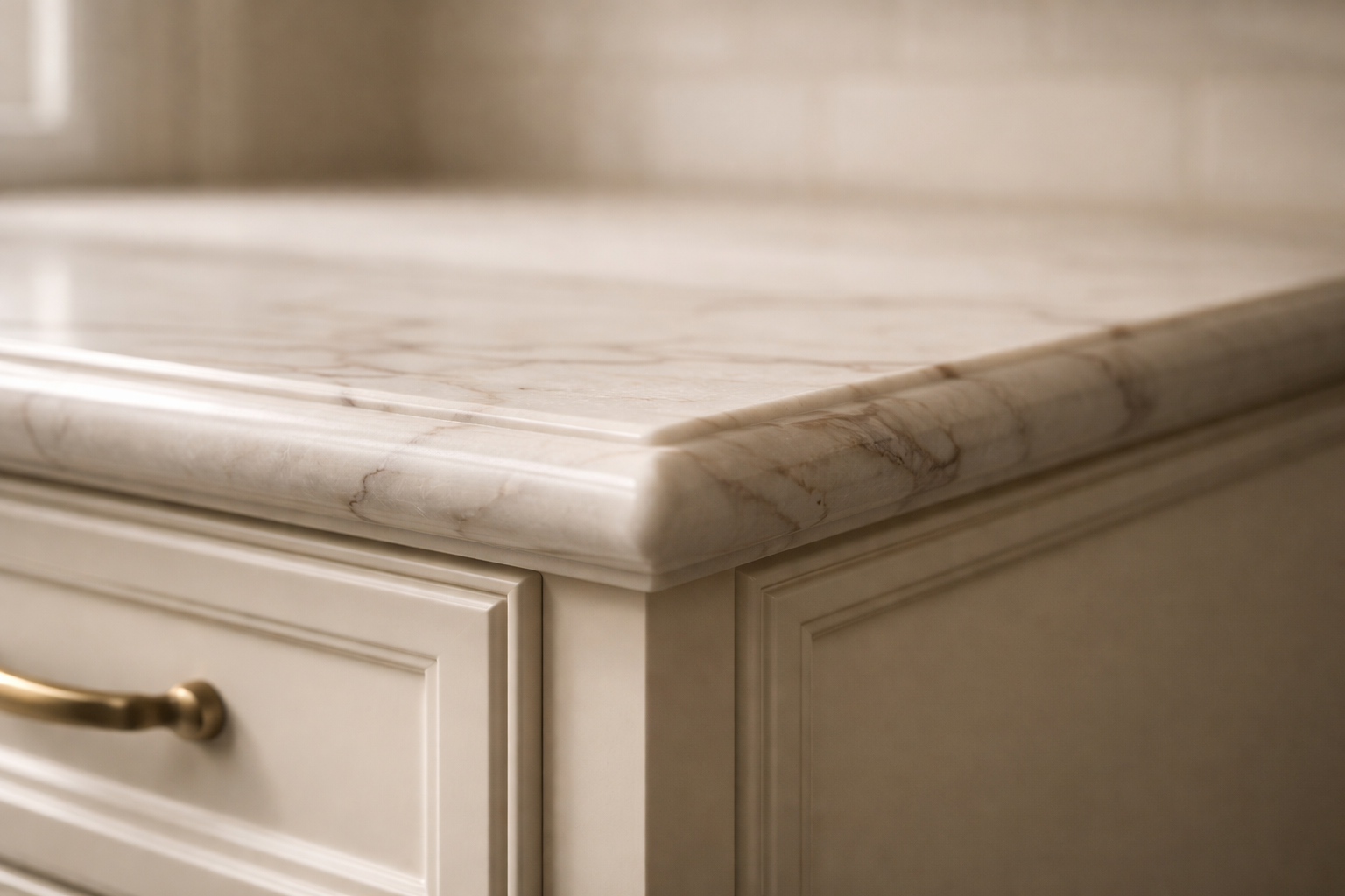 Close-up of a marble countertop corner showing a traditional ogee edge profile.
