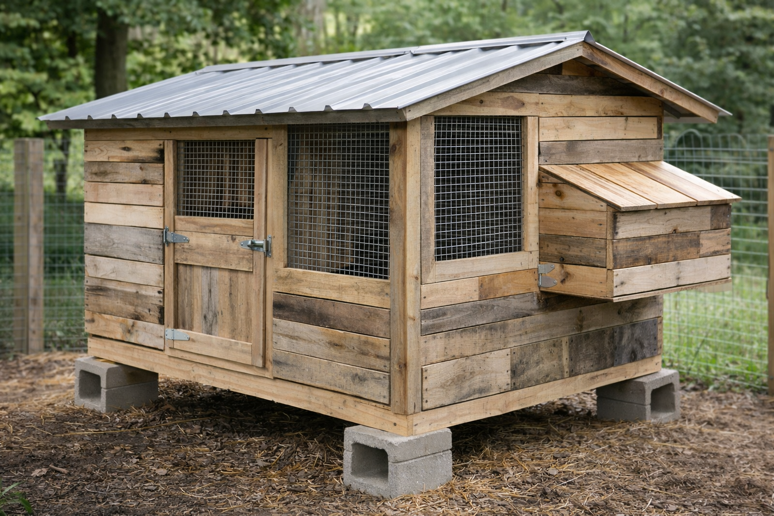 Pallet “skin” chicken coop on a 2x4 frame, raised on concrete blocks with sloped metal roof and hardware cloth ventilation.