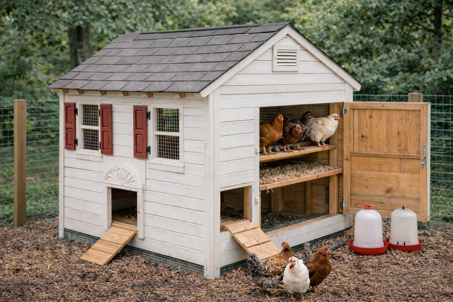 Upcycled kids playhouse converted into a chicken coop with added vents, hardware cloth, and pop door.