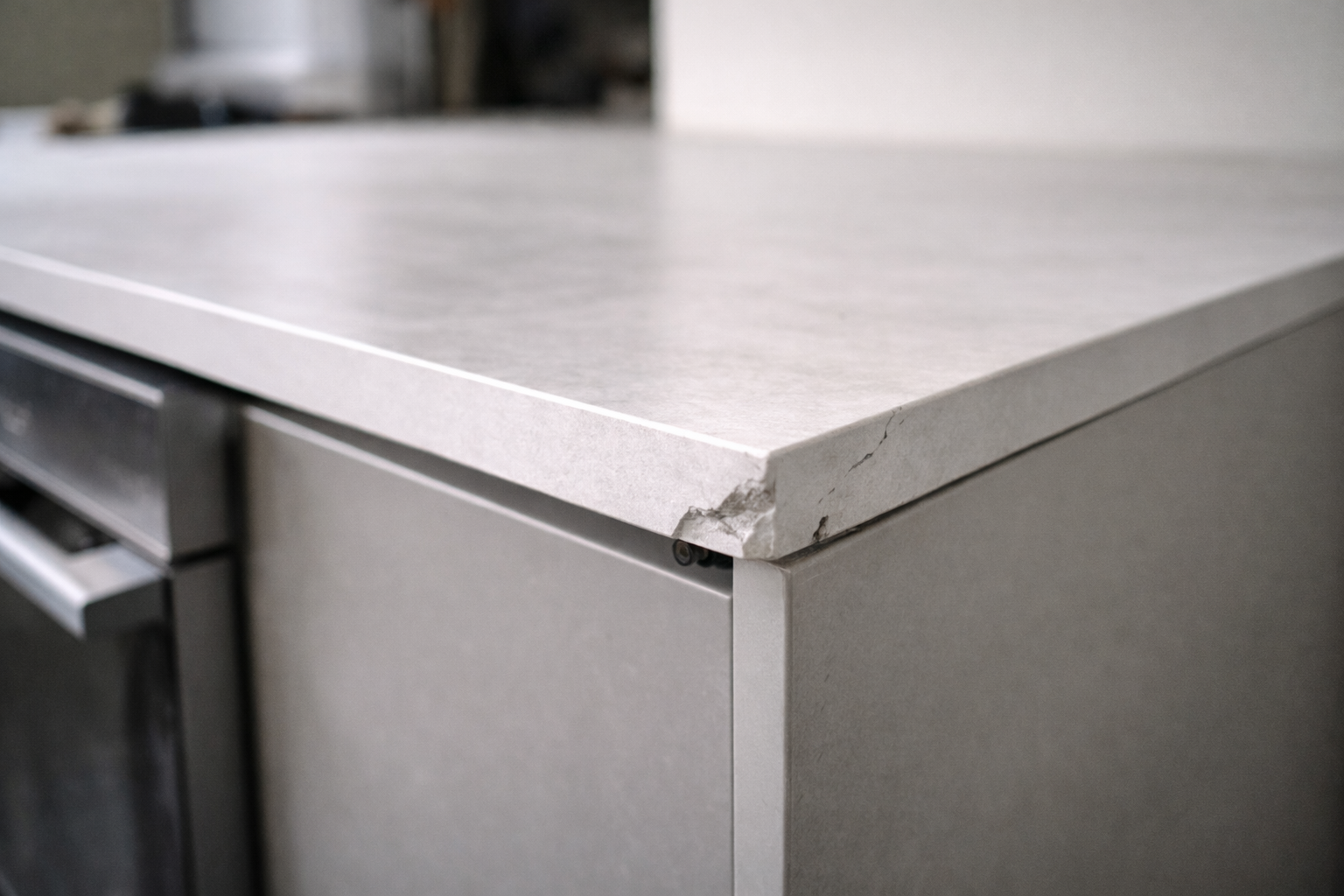 Porcelain kitchen benchtop edge chipped at unsupported corner.