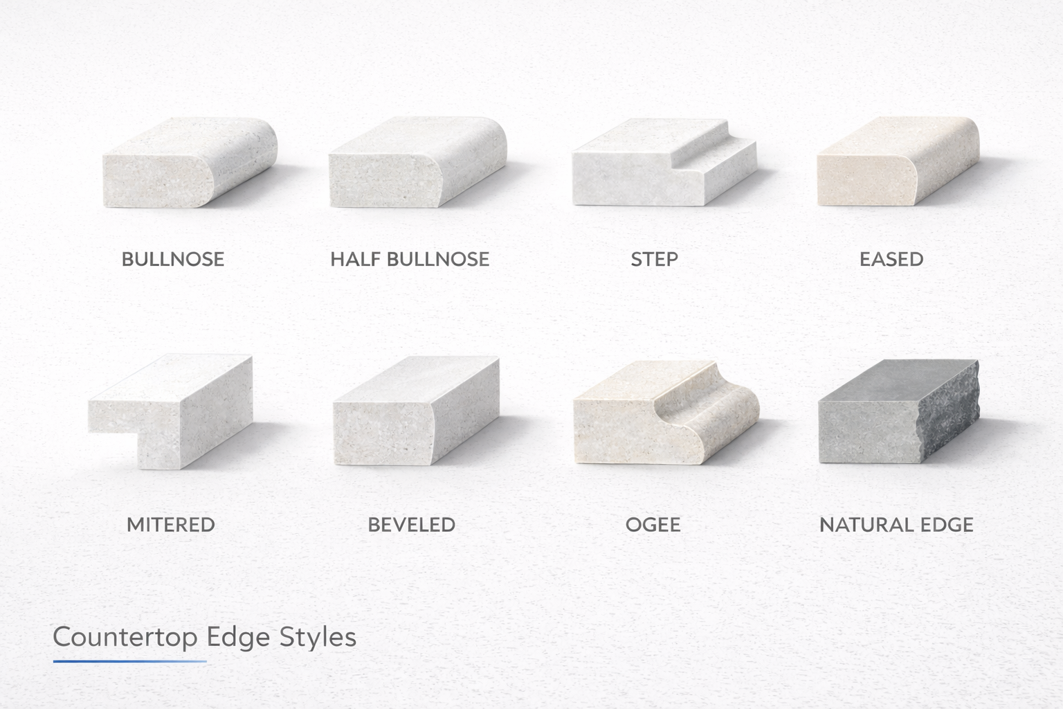 Comparison chart of eight countertop edge profiles labeled bullnose, half bullnose, step, eased, mitered, beveled, ogee, and natural edge.