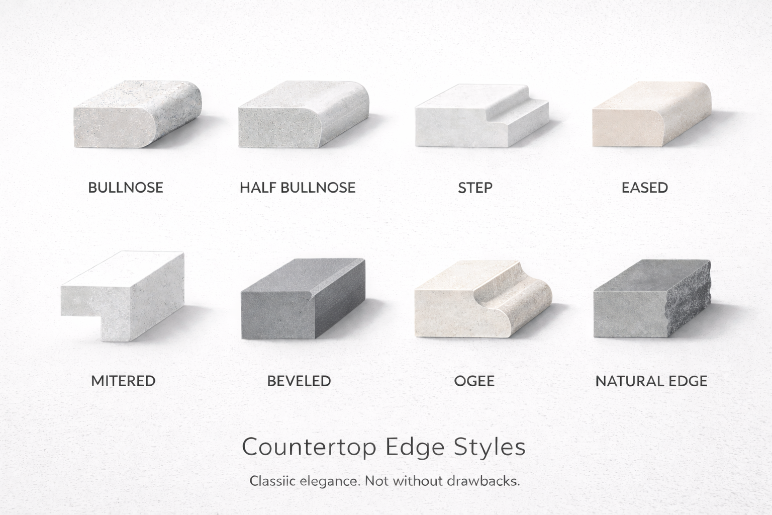 Quartz countertop edges: bullnose, half bullnose, step, eased, mitered, beveled, ogee, and natural edge.