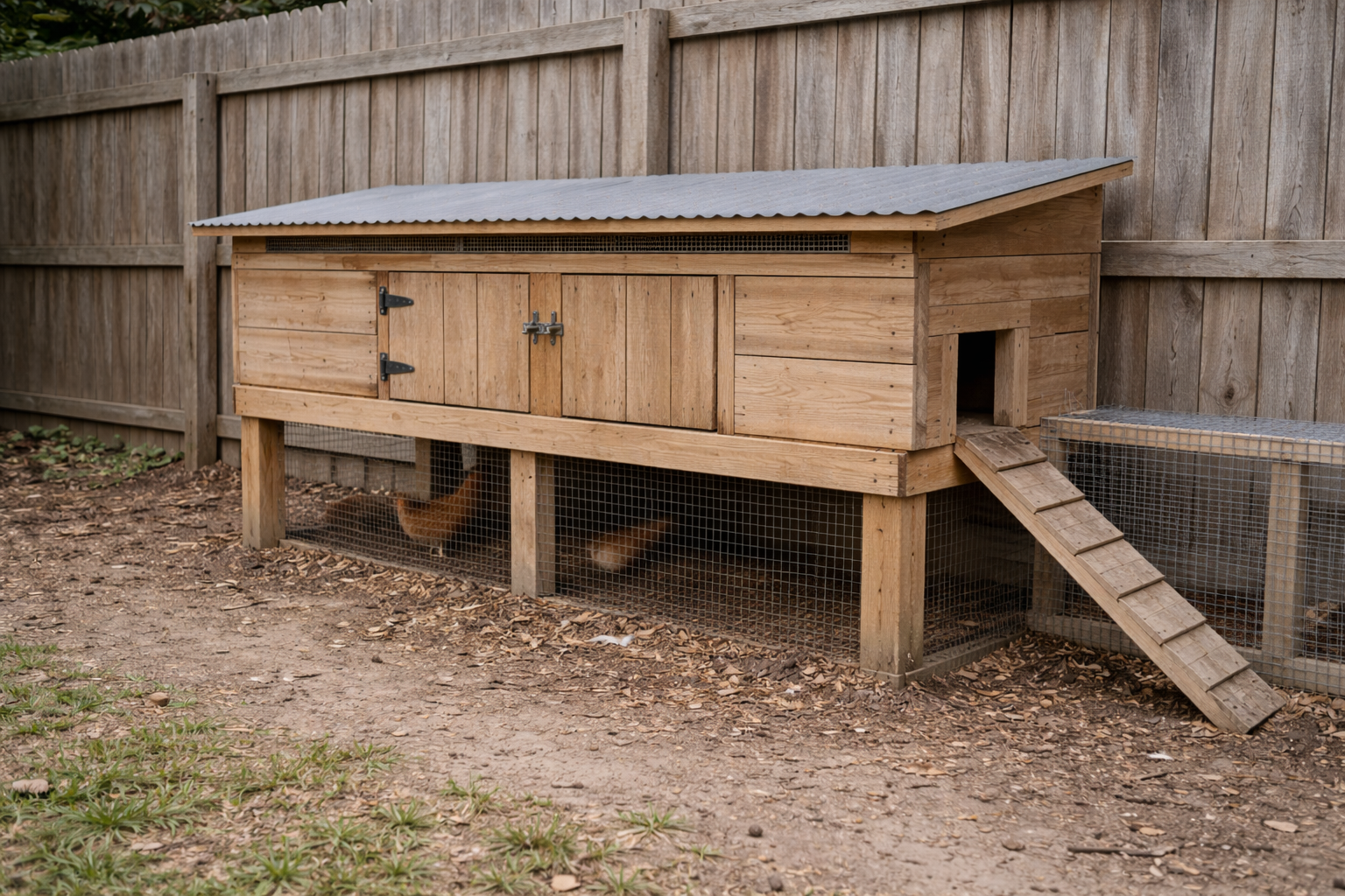 Raised chicken coop on posts with a shaded hardware-cloth run underneath along a fence.