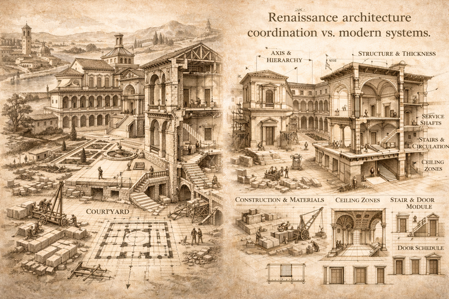Renaissance architectural section illustrating structural coordination, hierarchy, and vault thickness.