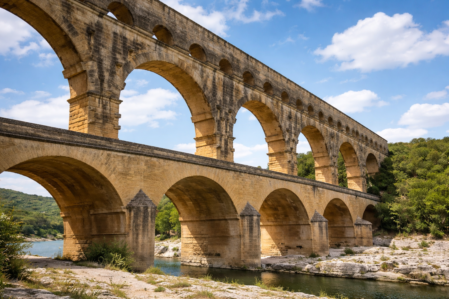 Wide view of Roman aqueduct arches.
