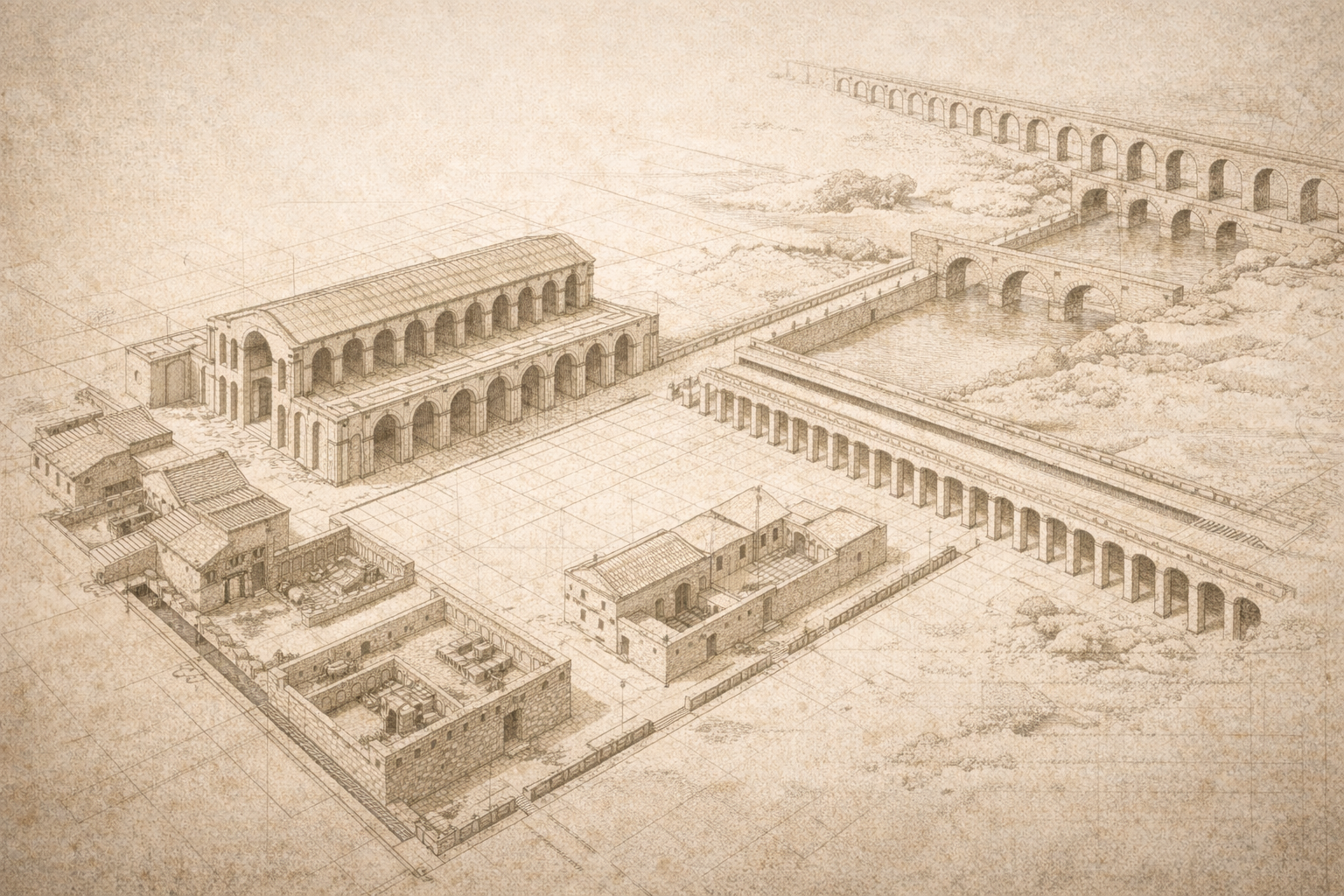 Sepia diagram showing Roman forum structure and infrastructure systems.