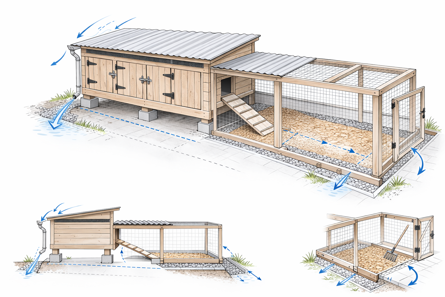 A diagram of a small coop and narrow run showing partial roof cover, runoff diverted away, and a layered run base.