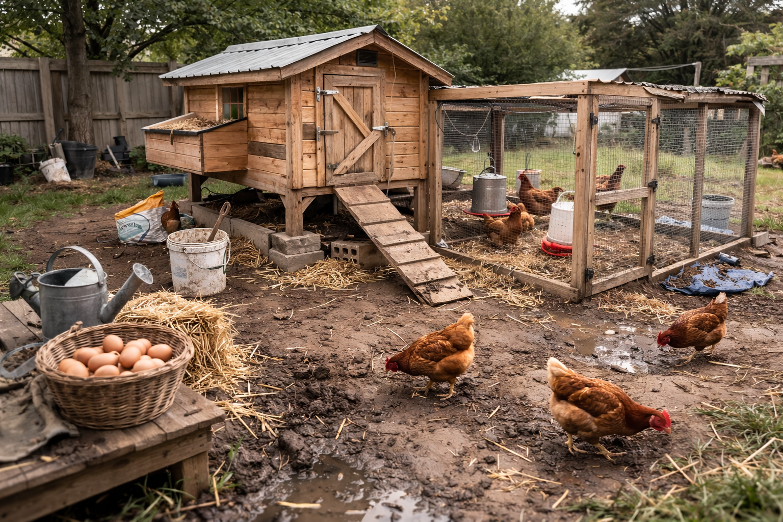 Backyard chicken coop under roof with covered run, clean dry ground, hens nearby.