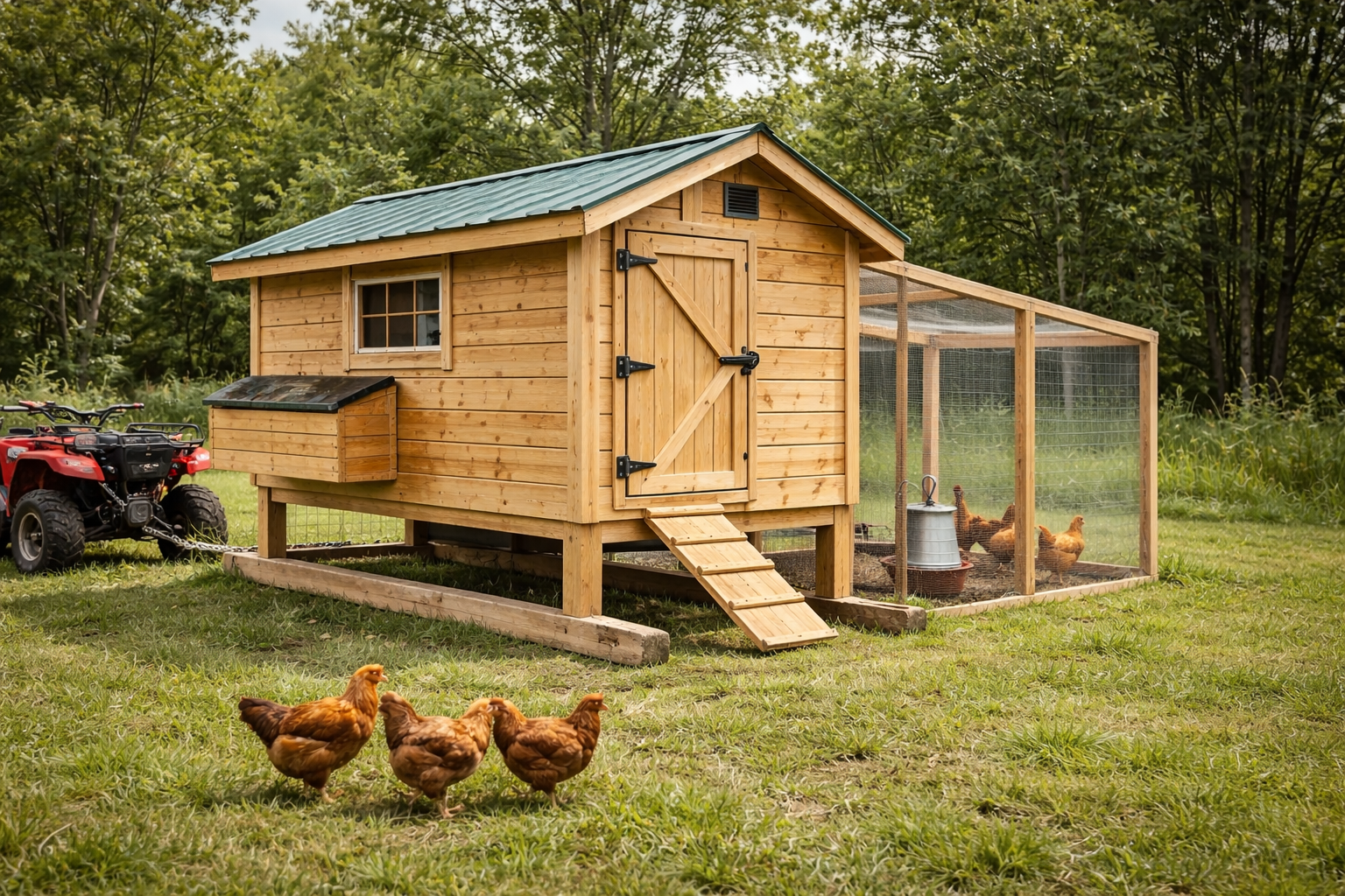 Portable chicken coop built on 4x4 skids dragged across grass pasture without wheels.