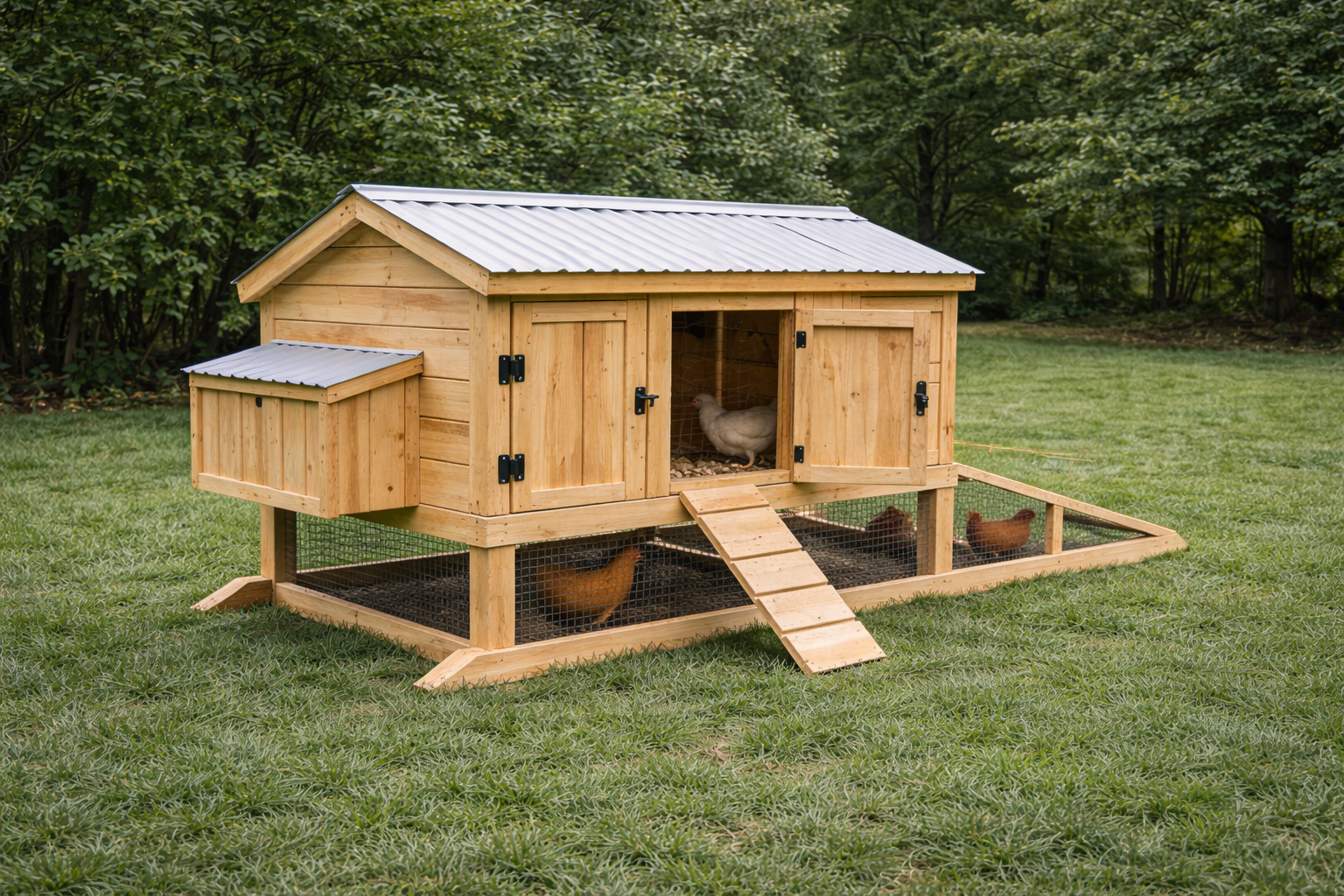 Wheel-free skid coop on runners with ramp and enclosed base, designed for short moves by two people.