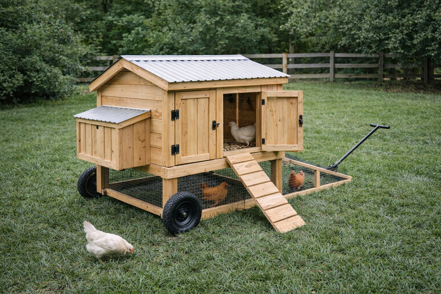 Light chicken tractor on wheels with ramp and enclosed base, meant for rotating ground in calm weather.