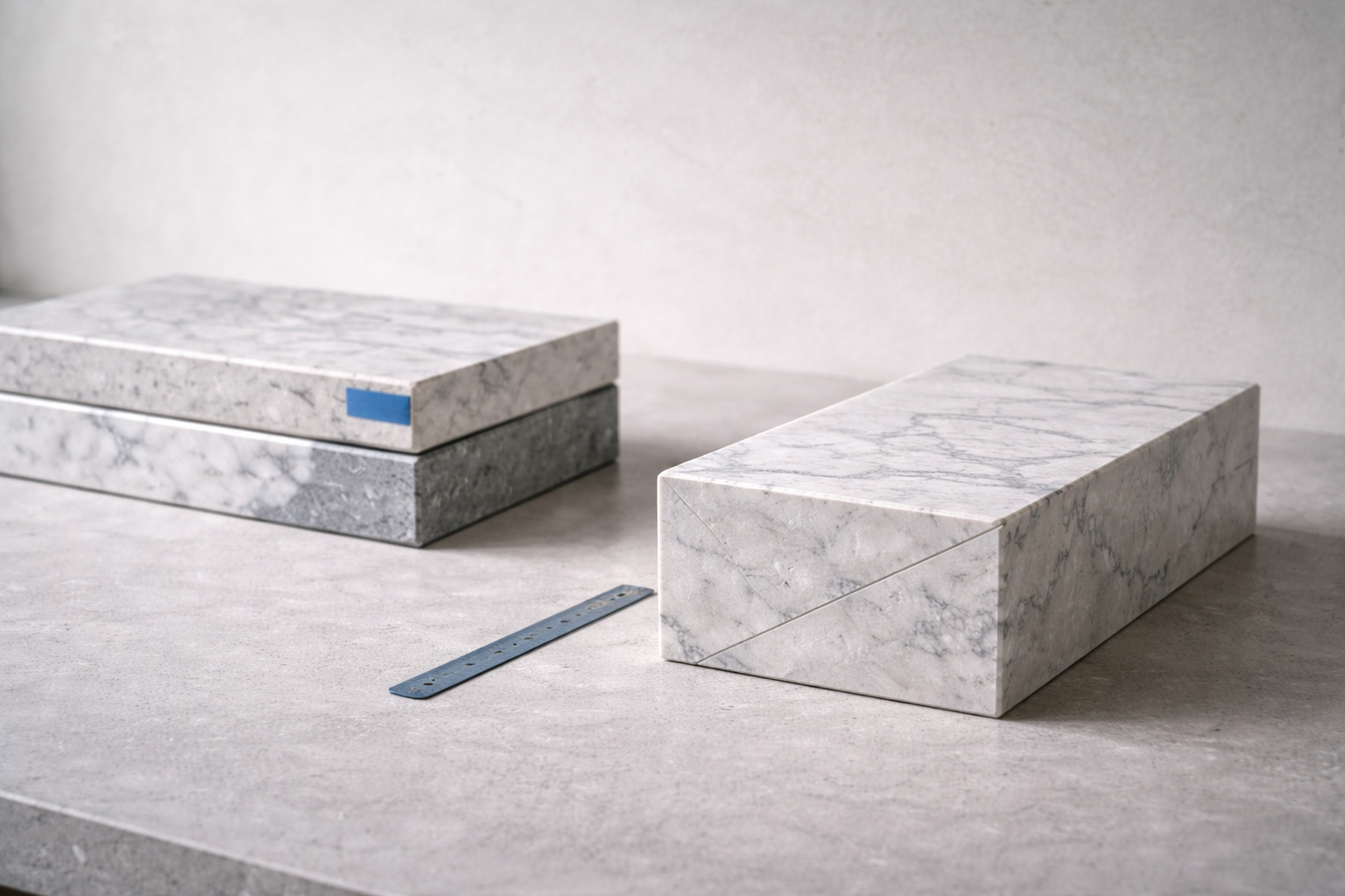 Stone benchtop thickness samples with mitered edge detail on fabrication surface.