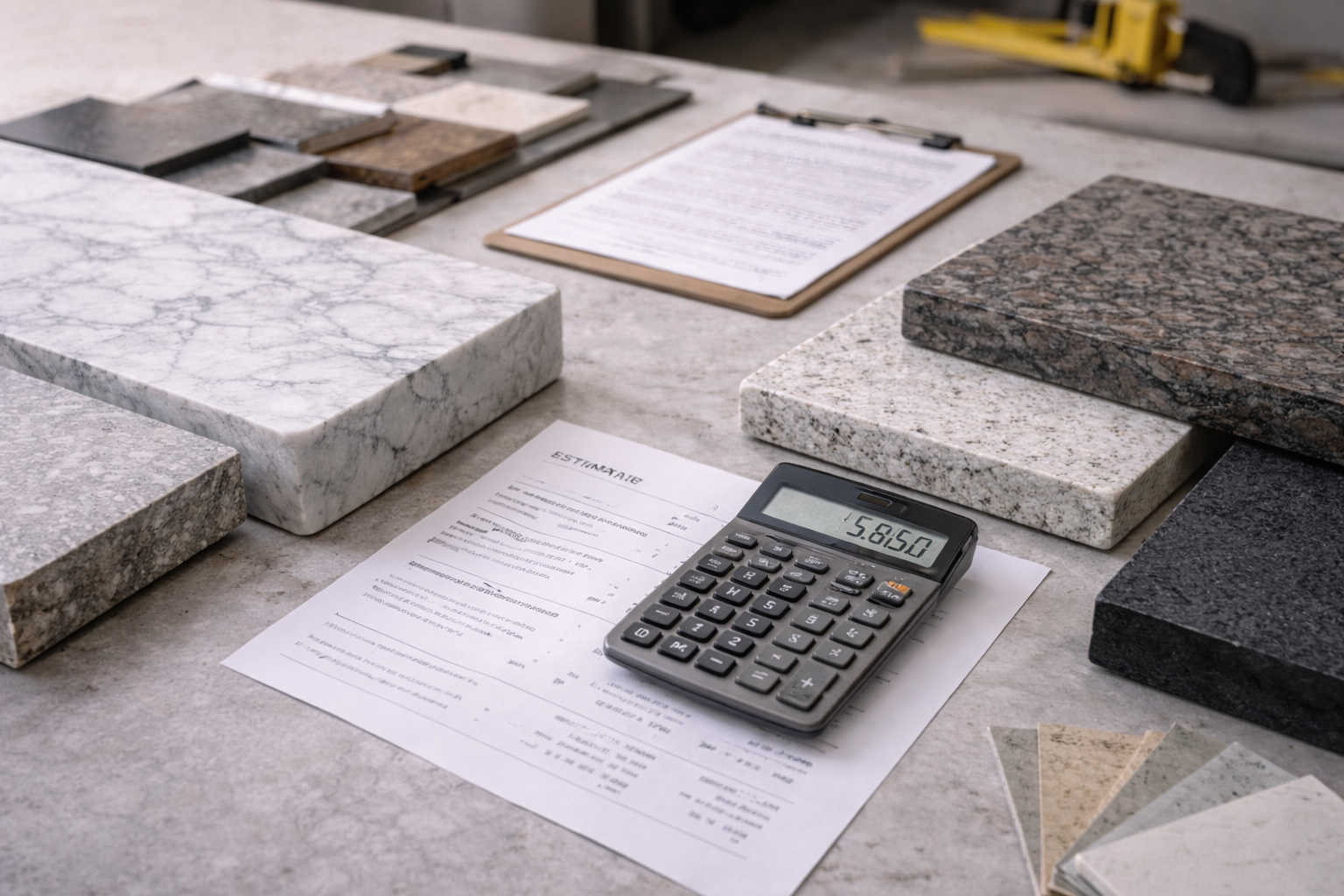 Stone benchtop samples beside a quote sheet and calculator on a workshop bench.