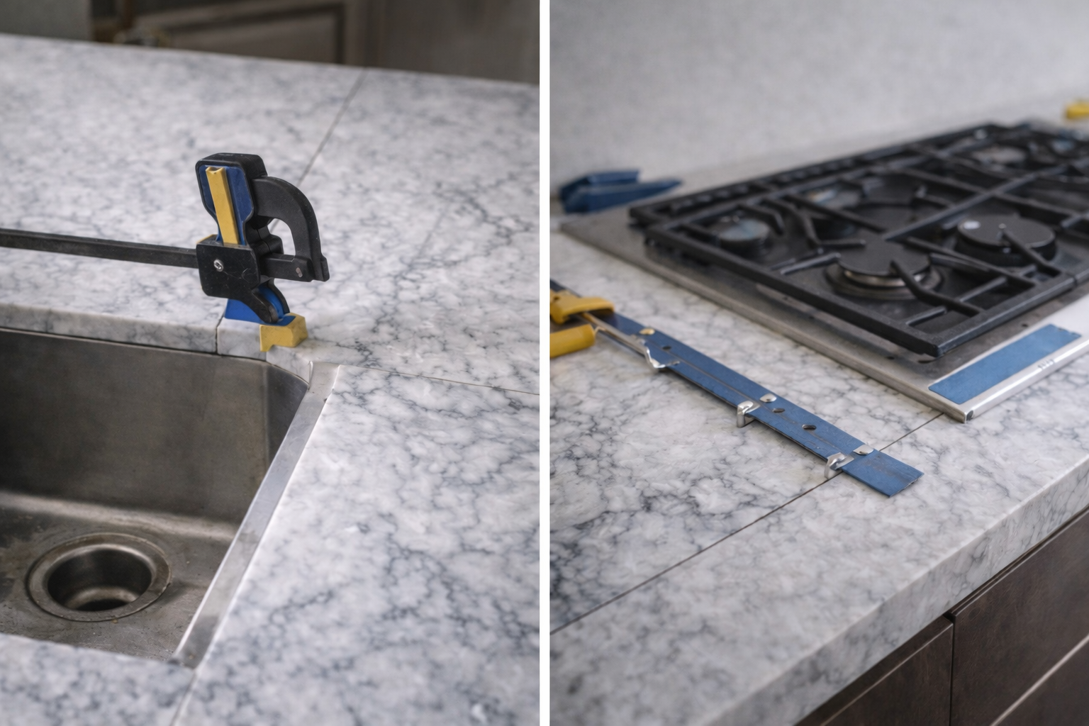 Close-up of marble countertop seam near sink and cooktop showing alignment and reinforcement detail.