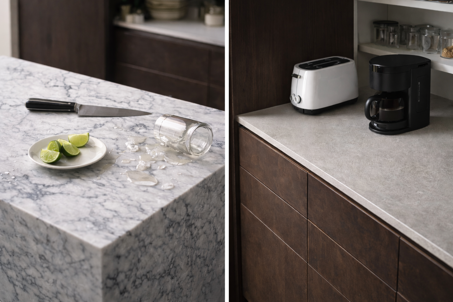 Marble kitchen island under active use contrasted with simple laminate pantry countertop with small appliances.